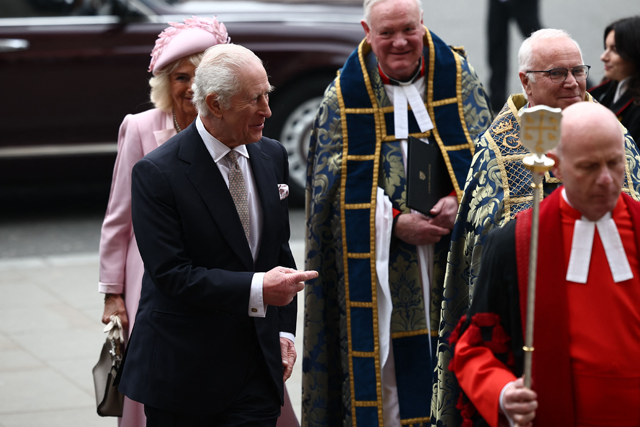 Britain's King Charles III (second left) and Britain's Queen Camilla arrive to attend the annual Commonwealth Day service ceremony at Westminster Abbey in London, on Monday (AFP photo)
