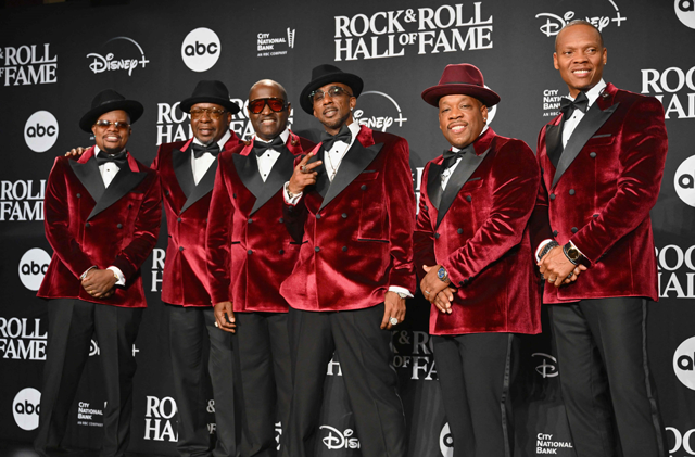 From left to right: Ricky Bell, Bobby Brown, Johnny Gill, Ralph Tresvant, Michael Bivins, and Ronnie DeVoe of US R&B group New Edition pose in the press room during the 38th Annual Rock & Roll Hall of Fame Induction Ceremony at Barclays Centre in the Brooklyn borough of New York City on Friday (AFP photo)