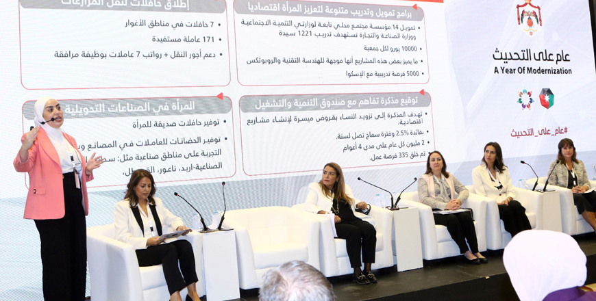 Minister of Social Development Wafa Bani Mustafa and speakers during a session on the sidelines of the “A Year of Modernisation” forum at the Dead Sea (Petra photo)