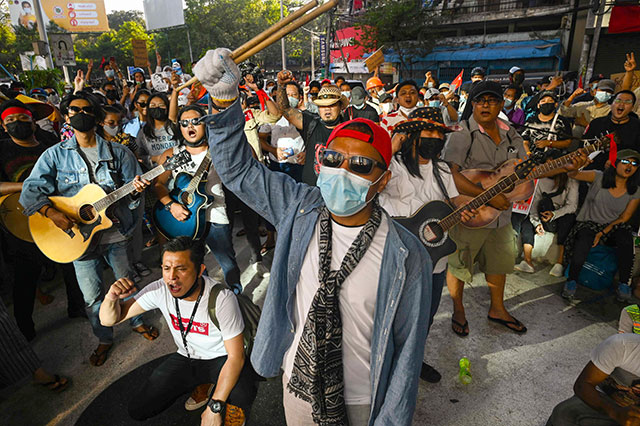 Musicians take part in a protest against the military coup in Yangon on Thursday (AFP photo)