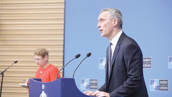 NATO Secretary General Jens Stoltenberg speaks during a press conference after a meeting at the NATO headquarters in Brussels on Wednesday (JT photo)