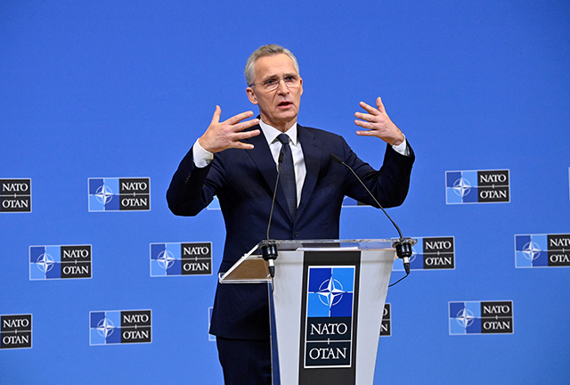 NATO Secretary General Jens Stoltenberg talks during a pre-ministerial press conference before a defence ministers' meeting of the North Atlantic Council at the NATO headquarters, in Brussels on Wednesday (AFP photo)