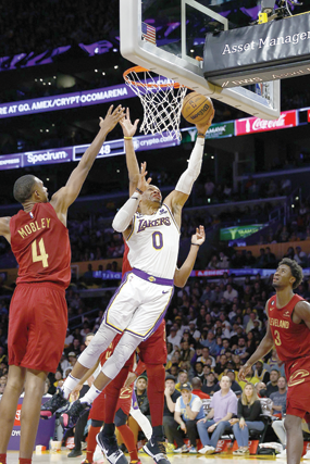 Russell Westbrook #0 of the Los Angeles Lakers takes a shot against the Cleveland Cavaliers in the second half at Crypto.com Arena on Sunday in Los Angeles, California (AFP photo)