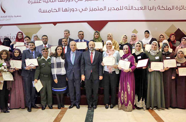 Deputising for Her Majesty Queen Rania, Education Minister Omar Razzaz on Monday honoured the winners of the 2017 Queen Rania Award for Distinguished Teachers and Distinguished Principals (Petra photo)