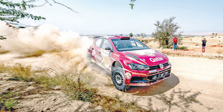 Nasser Al Attiyah takes a hard corner during the Jordan Rally on Saturday. Attiyah claimed first place by the end of the day (Photo courtesy of Jordan Rally)