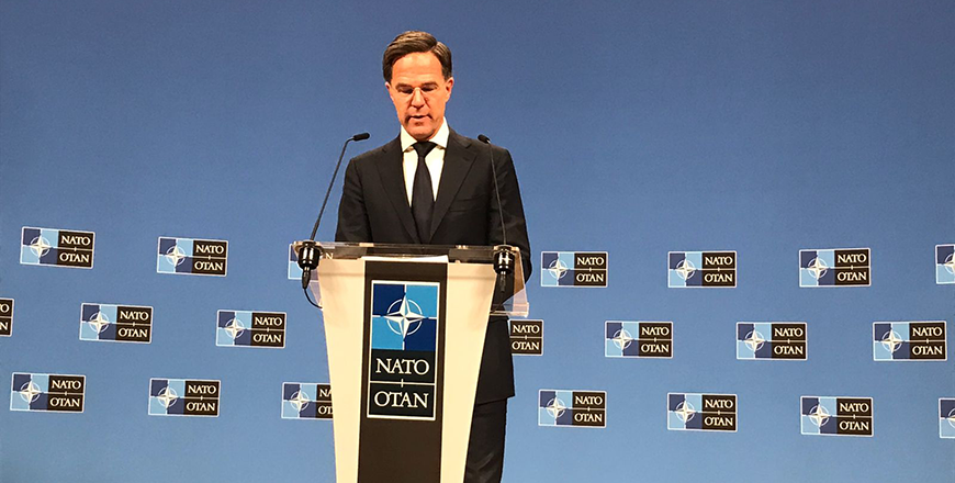 NATO Secretary General Mark Rutte speaks during a press conference ahead of the meeting of NATO Ministers of Foreign Affairs in Brussels on Tuesday (Photo by Raed Omari)