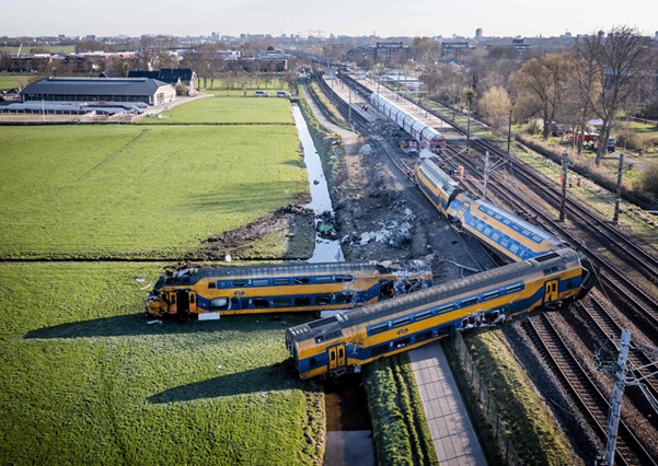 This aerial view shows a derailed night train in Voorschoten on Tuesday (AFP photo)