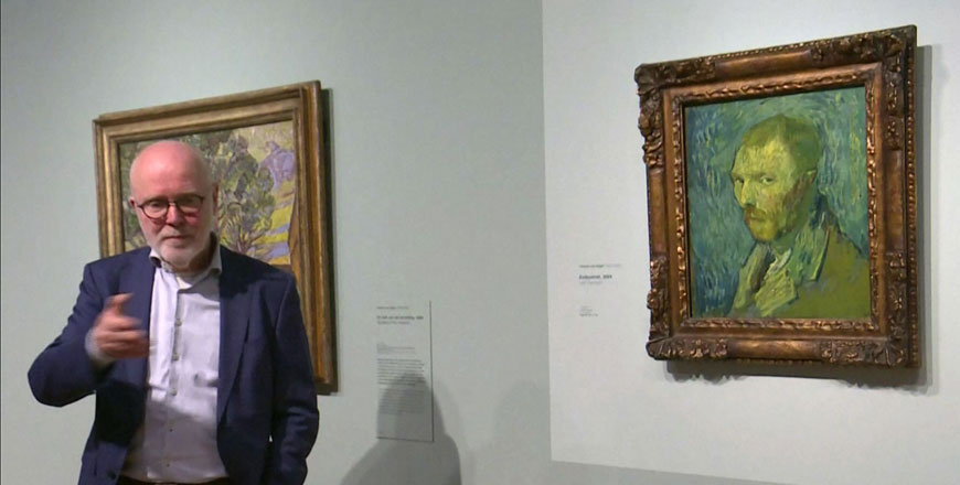 This video grab image shows senior researcher Louis van Tilborgh speaking of a self-portrait by Dutch artist Vincent van Gogh on display at The Van Gogh Museum in Amsterdam on Monday (AFP photo)