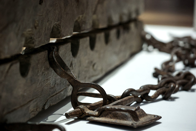 This photo taken on May 12 at the Rijksmuseum in Amsterdam during the exhibition ‘Slavery’ shows multiple foot stocks for constraining enslaved people (AFP photo)