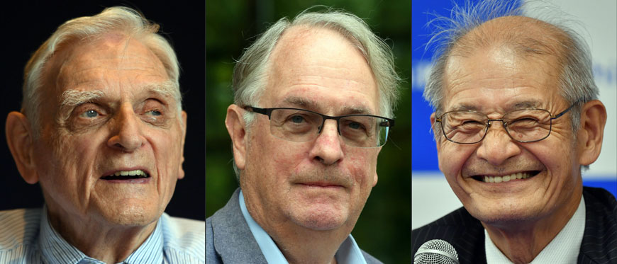 This combination of photos created on Wednesday shows (from left to right) American professor and solid-state physicist, John Goodenough, during a press conference at The Royal Society in London, British Professor Stanley Whittingham posing in Ulm, southern Germany, and Japanese chemist Akira Yoshino speaking to media Tokyo (AFP photo)