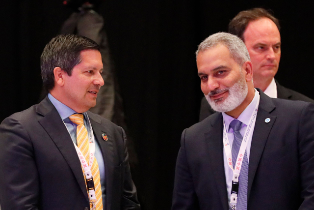 In this photo, OPEC Secretary General Haitham Al Ghais (right) talks with Director of International Relations and Special Projects at Sustainable Energy for All, Glenn Pearce-Oroz (left) during the G-20 Energy Transitions Ministerial meeting in Nusa Dua on Friday (AFP photo)