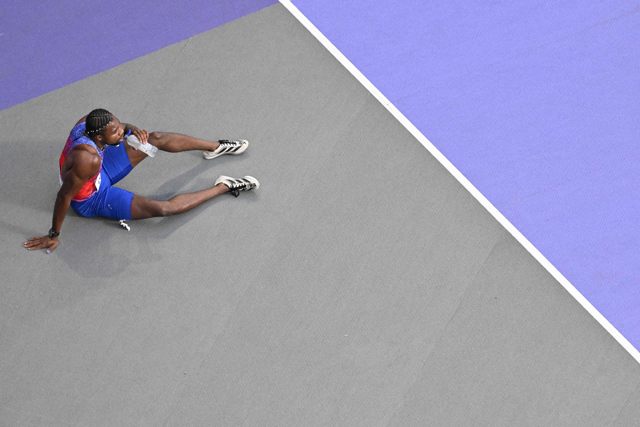 US’ Noah Lyles reacts after competing in the men’s 200m final of the athletics event at the Paris 2024 Olympic Games at Stade de France in Saint-Denis, north of Paris, on Thursday (AFP photo)