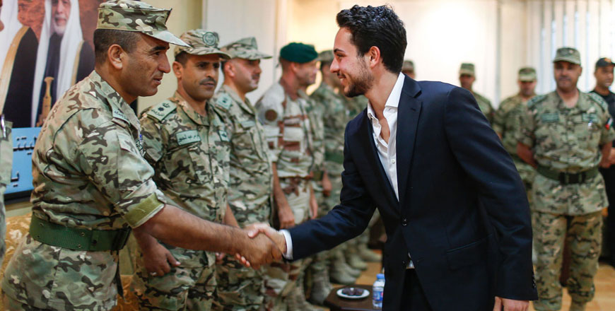 HRH Crown Prince Hussein is greeted by army personnel during a visit to the Joint Special Operations Command on Tuesday (Photo courtesy of Royal Court)