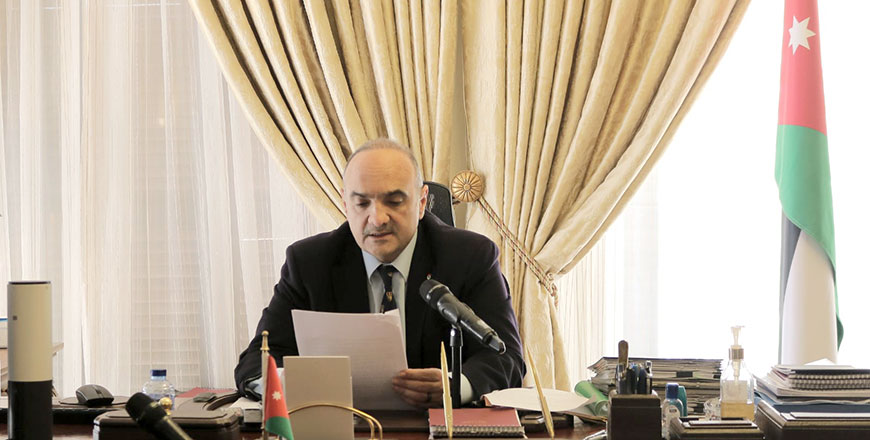 Prime Minister and Minister of Defence Bisher Al Khasawneh speaks during the virtual launching ceremony of the Jordan Capital and Investment Fund by Jordanian banks on Tuesday (Petra photo)