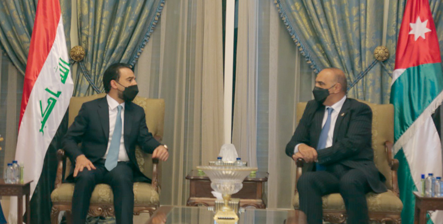 Prime Minister and Minister of Defence Bisher Al Khasawneh meets with Iraqi Parliament Speaker Mohammed Al Halboosi on Tuesday (Petra photo)