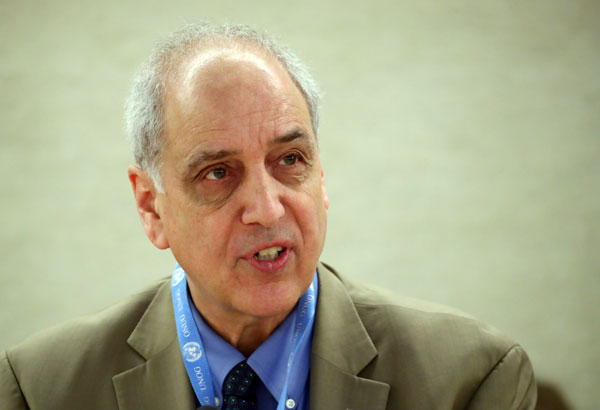 Michael Lynk, special rapporteur on the situation of human rights in Palestinian territories, attends a session of the Human Rights Council at the United Nations in Geneva, Switzerland, on Monday (Reuters photo)
