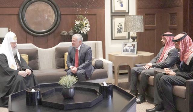 His Majesty King Abdullah, accompanied by HRH Crown Prince Hussein, receives Patriarch Kirill of Moscow and All Russia, who is in Jordan to participate in the Amman Gathering of the Orthodox Primates and Delegates on Dialogue and Unity on Wednesday (Photo courtesy of Royal Court)