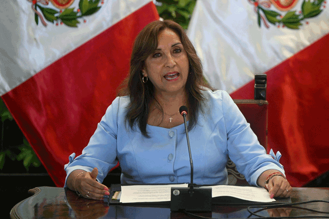 In this file photo taken on February 10, Peru's President Dina Boluarte speaks during a press conference at the Presidential Palace in Lima. Peruvian President Dina Boluarte announced, on Friday (AFP photo)