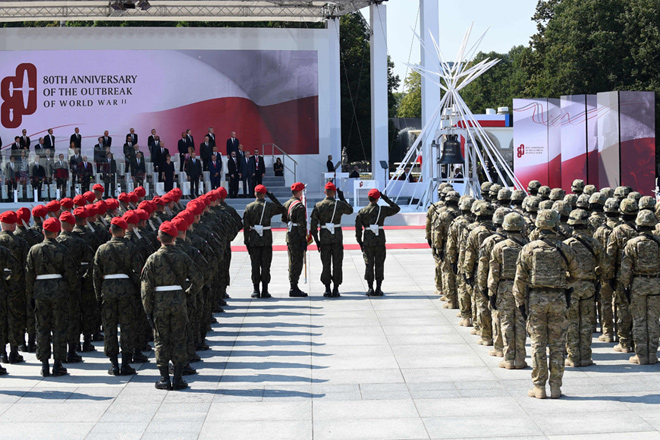 Invited heads of state and officials attend a military ceremony as part of the commemorations marking 80 years since the outbreak of World War II at Pilsudski Square in Warsaw, Poland, on Sunday (AFP photo)