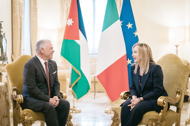 His Majesty King Abdullah meets with Italian Prime Minister Georgia Meloni at the Presidency of the Council of Ministers at Chigi Palace on Monday (Photo courtesy of Royal Court)