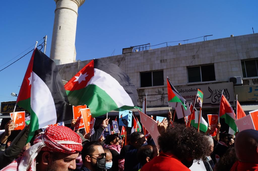 Jordanians march in downtown Amman in protest against the signing of a declaration document of intent by Jordan, the UAE and Israel on Friday  (Photo by Hanna Davis)