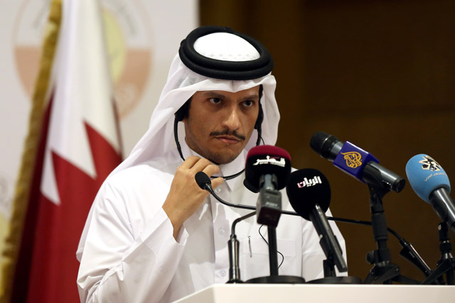 Foreign Minister of Qatar Sheikh Mohammed Bin Abdulrahman Bin Jassim Al Thani holds a joint press conference with German Foreign Minister Sigmar Gabriel (not seen) following their meeting in Doha, Qatar, on Tuesday (Anadolu Agency photo)