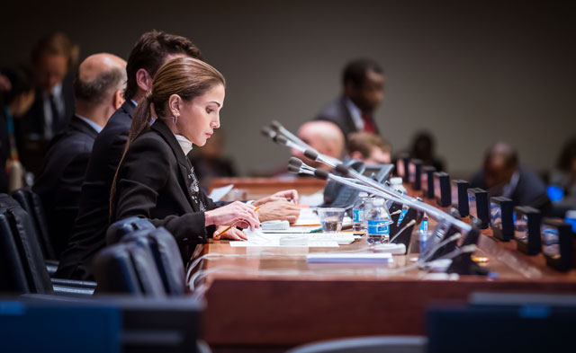 Her Majesty Queen Rania participates in a roundtable on international action at the UN Summit on Refugees and Migrants in New York on Monday (Photo courtesy of Royal Court)