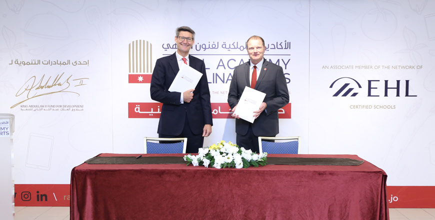 Director of the Royal Academy of Culinary Arts Jacques Rossel and EBRD Director Philip ter Woort pose for a photo during the launch of a new training programme for Syrian and Jordanian youth on October 20 (Photo courtesy of RACA)