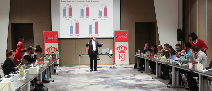 Royal Jordanian CEO Stefan Pichler highlights the airline results at a press conference on Wednesday  (photo courtesy of RJ)