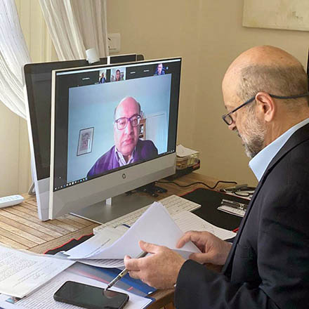 Prime Minister Omar Razzaz holds a meeting with President of the European Bank for Reconstruction and Development Suma Chakrabarty via videoconference on Tuesday (Petra photo)
