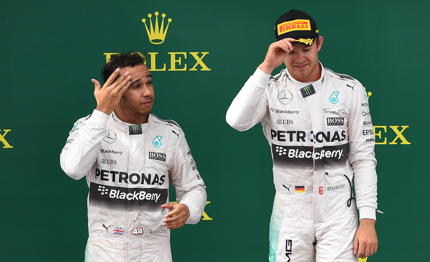 Mercedes AMG Petronas F1 Team’s German driver Nico Rosberg (right) and British driver Lewis Hamilton stand on the podium after the Red Bull Ring in Spielberg, Austria, on Sunday (AFP photo)