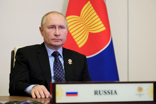 Russian President Vladimir Putin takes part in the Association of Southeast Asian Nations  summit, held online on a live video conference, in his residence in Novo-Ogaryovo, outside Moscow, on Wednesday (AFP photo)