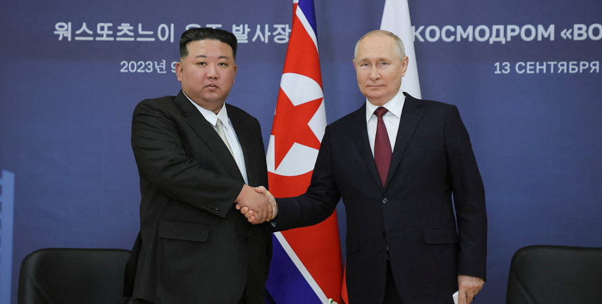 This photo taken on Wednesday shows North Korea's leader Kim Jung-un shaking hands with Russia's President Vladimir Putin during their meeting at the Vostochny Cosmodrome in Russia's Amur region (AFP photo)