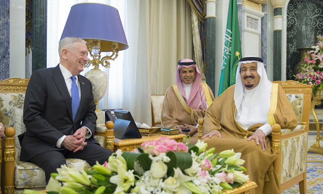 United States Secretary of Defence James Mattis (left) meets Saudi King Salman Bin Abdulaziz Al Saud (right) at Al Yamamah Palace in Riyadh, Saudi Arabia, on Wednesday (Anadolu Agency photo)