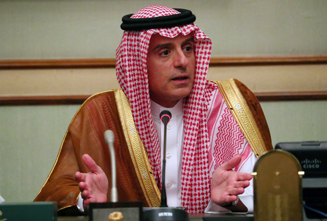 Saudi Arabia’s Foreign Minister Adel Al Jubeir speaks at a briefing with reporters at the Saudi embassy in London on Tuesday (Reuters photo)