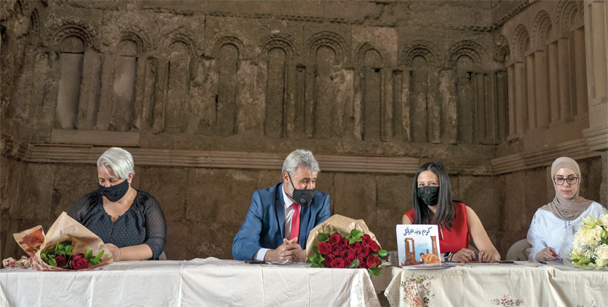 From left to right: Director General of the Department of Antiquities Ahmad Shami and writer Rasha Dababneh and Asma Abaza, Sela’s outreach officer during a book launch on Tuesday (Photo courtesy of Allison Mickel)