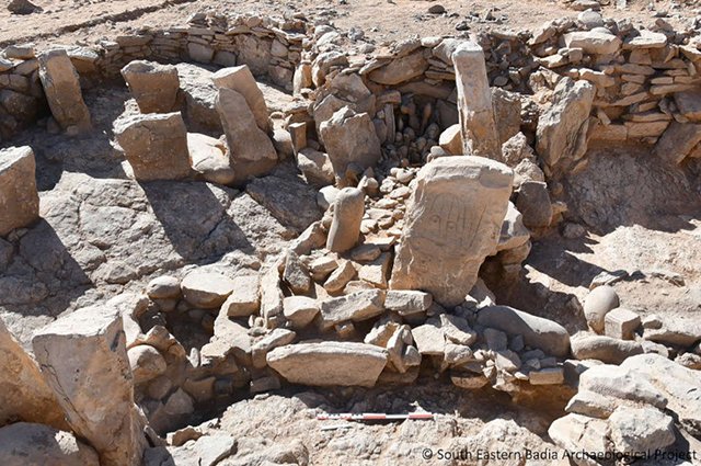 Carved stelae associated with a desert kite in  Jibal Al Khashabiyeh represented a cultic site together with remains of standing figurines and fossils (Photo courtesy of SEBAP)