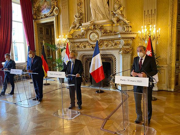 Deputy Prime Minister and Foreign Minister Ayman Safadi speaks during a joint press conference along with his Egyptian, French and German counterparts in Paris on Thursday (Petra photo)