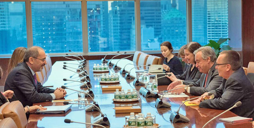 Foreign Minister Ayman Safadi meets with UN Secretary General Antonio Guterres in New York on Saturday (Petra photo)