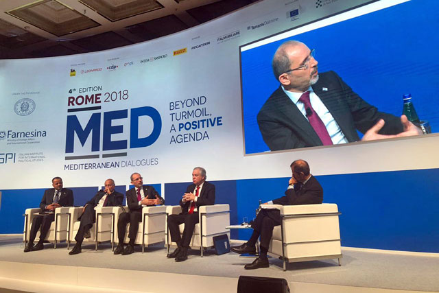 Foreign Minister Ayman Safadi addresses the Mediterranean Dialogues Forum in Rome on Thursday (Petra photo)