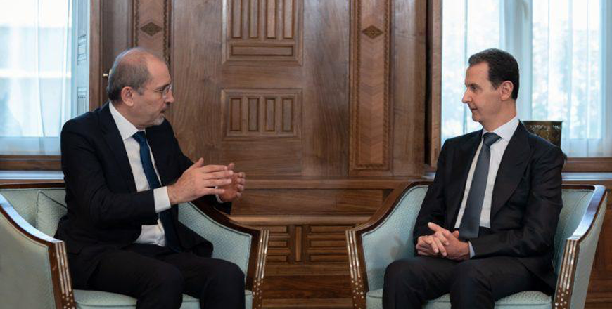 Syrian President Bashar Al Assad receives Deputy Prime Minister and Minister of Foreign Affairs Ayman Safadi in Damascus on Monday (Photo courtesy of Foreign Ministry)