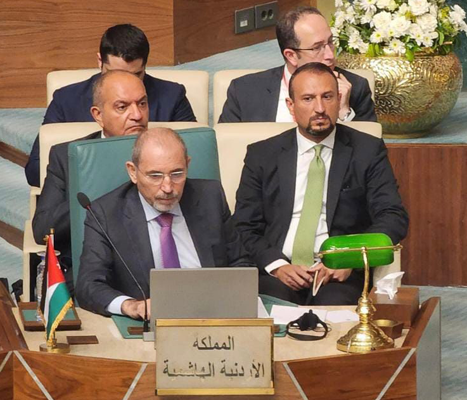 Deputy Prime Minister and Foreign Minister Ayman Safadi takes part in the third session of the ministerial meeting of the Arab-Japanese political dialogue at the headquarters of the Arab League General Secretariat in Cairo on Tuesday (Petra photo)