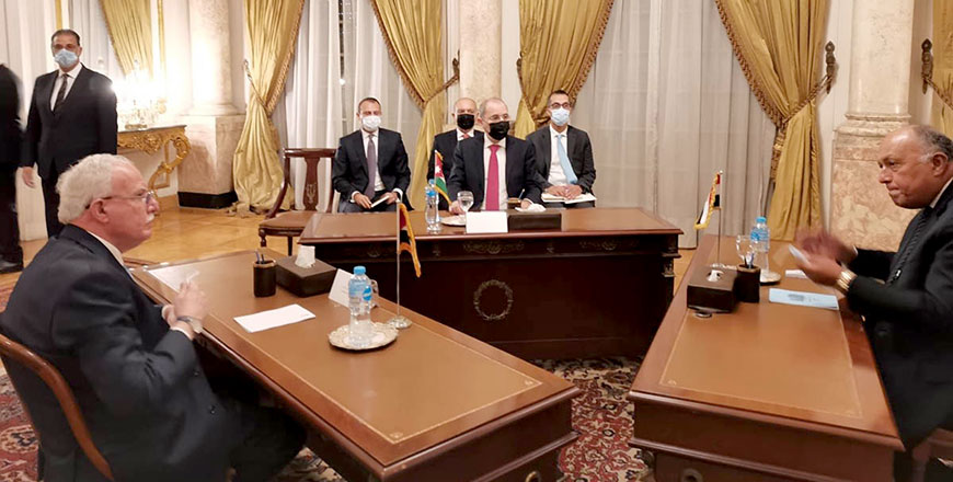 Deputy Prime Minister and Minister of Foreign Affairs Ayman Safadi, Egypt’s Foreign Minister Sameh Shoukry and Palestine’s Foreign Minister Riyad Al Malki on Thursday held a tripartite meeting in Cairo, as part of the ongoing coordination on the developments of the Palestinian cause (Petra photo)