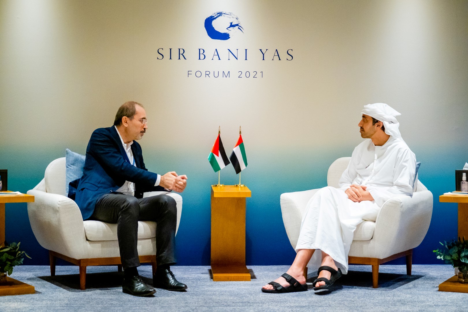 Deputy Prime Minister and Foreign Minister Ayman Safadi meets with UAE Minister of Foreign Affairs and International Cooperation Sheikh Abdullah Bin Zayed Al Nahyan in Dubai on Saturday evening (Petra photo)