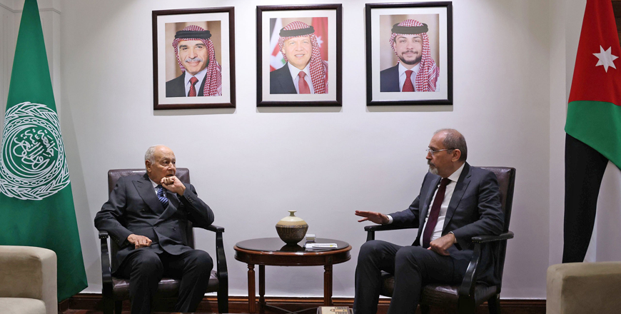 Deputy Prime Minister and Foreign Minister Ayman Safadi on Sunday holds talks with Secretary General of the Arab League Ahmed Aboul Gheit to discuss boosting Arab cooperation and address key regional developments (Petra photo)