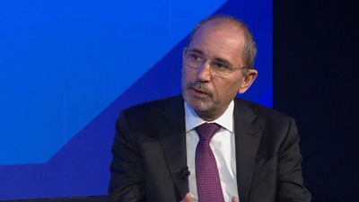 Deputy Prime Minister and Foreign Minister Ayman Safadi speaks during a dialogue session at the World Economic Forum in Davos on Tuesday (Photo courtesy of Foreign Ministry)