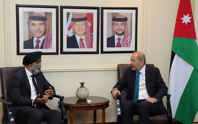 Deputy Prime Minister and Foreign Minister Ayman Safadi meets with Canadian Minister of International Development Harjit Sajjan on Wednesday  (Photo courtesy of Foreign Ministry)