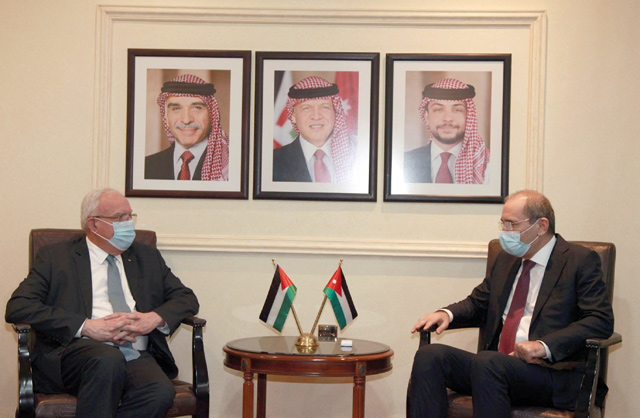 Deputy Prime Minister and Foreign Minister Ayman Safadi meets with Palestinian Foreign Minister Riyad Maliki on Tuesday (Petra photo)