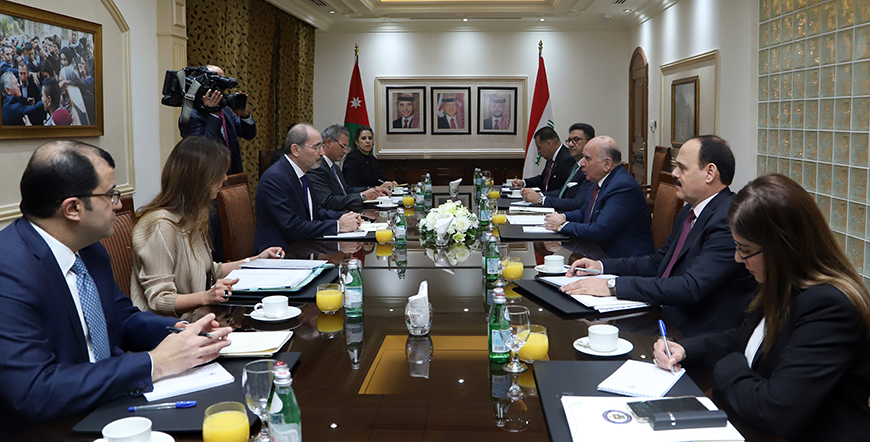 Deputy Prime Minister and Foreign Affairs Minister Ayman Safadi meets with Iraqi Deputy Prime Minister and Foreign Minister Fuad Hussein in Amman on Tuesday (Petra photo)