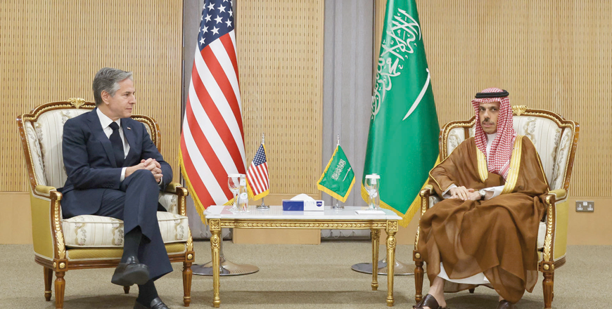 US Secretary of State Antony Blinken meets with Saudi Arabia's Foreign Minister Prince Faisal Bin Farhan in Riyadh, Saudi Arabia, on Wednesday (AFP photo)